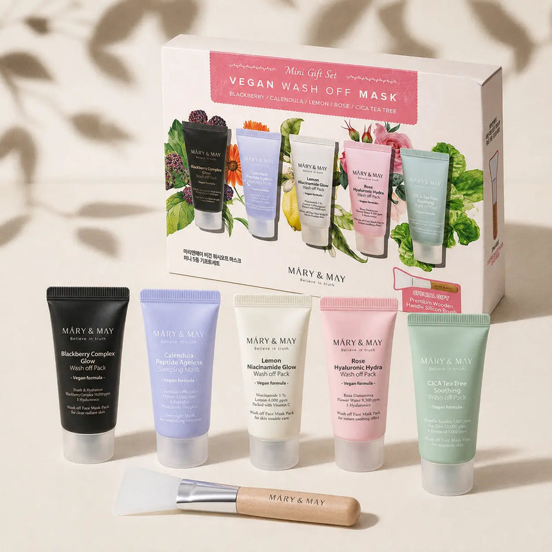 MARY & MAY Vegan Mask Mini Gift Set with five 30 g tubes and brush