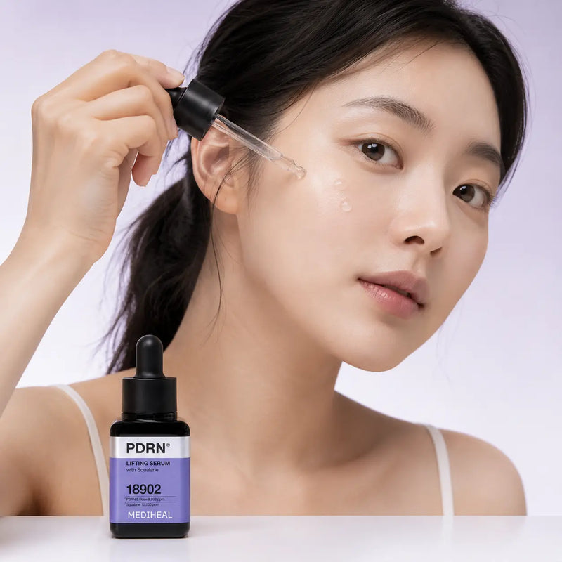 Applying clear MEDIHEAL PDRN Lifting Serum drops to the cheek