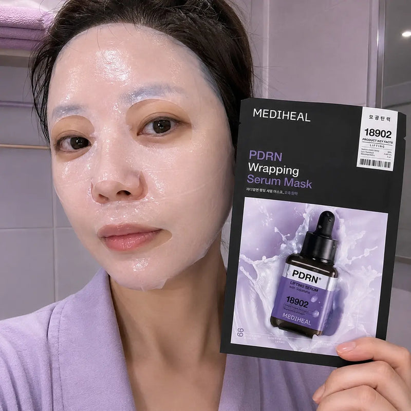 Wearing the ultra-thin MEDIHEAL PDRN Wrapping Serum Mask