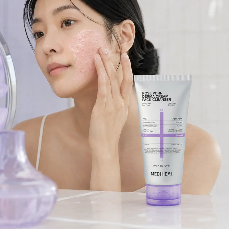 Applying MEDIHEAL Rose PDRN Cream Pack Cleanser as a one-minute facial pack