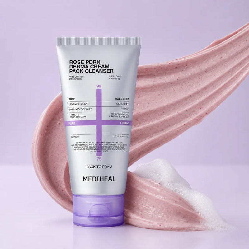 MEDIHEAL Rose PDRN Derma Cream Pack Cleanser 120 ml with pink cream and foam texture