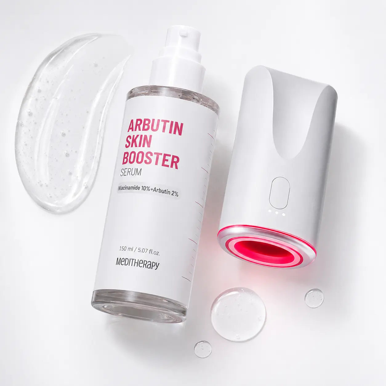 Clear gel texture and red LED device of MEDITHERAPY Arbutin Skin Booster
