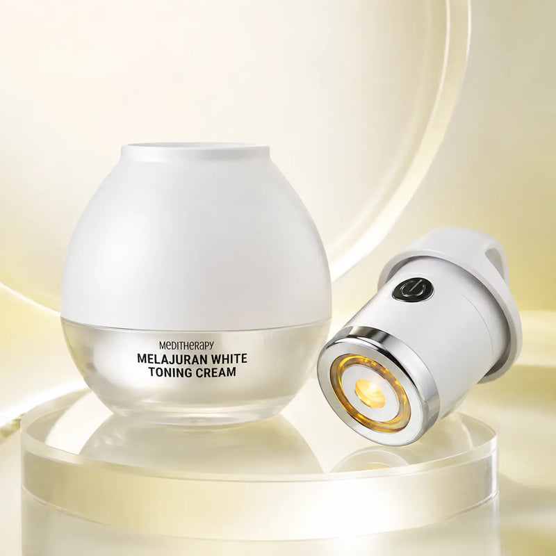 MEDITHERAPY Melajuran cream and white toning device on pearl acrylic