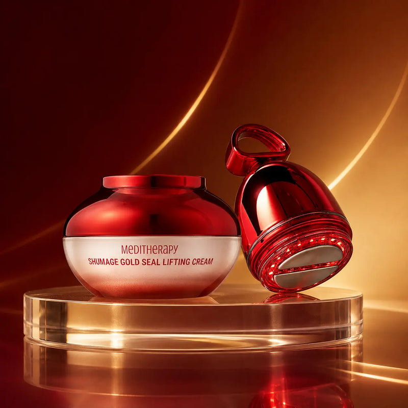 MEDITHERAPY Shumage cream and red EMS device on champagne acrylic