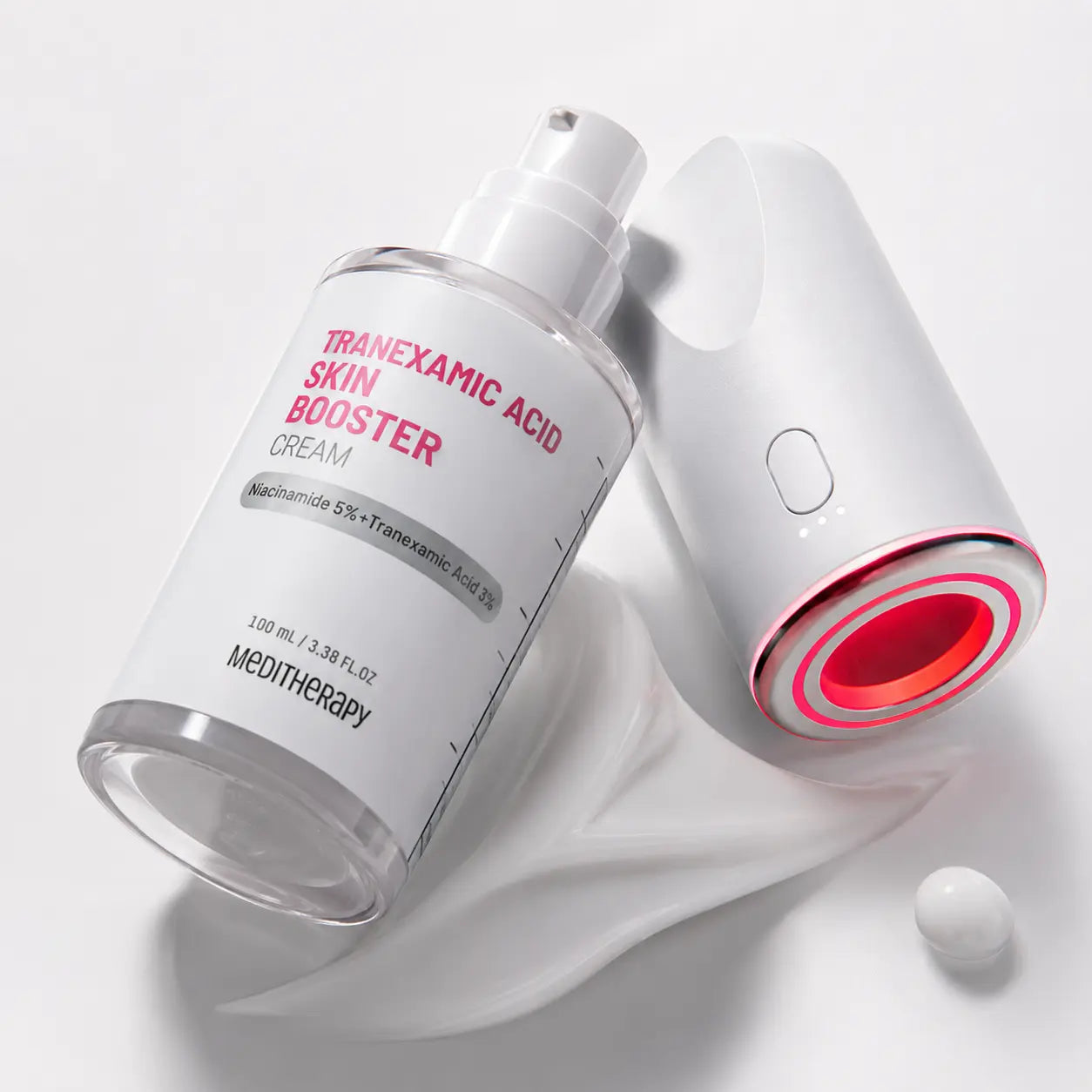 Silky white MEDITHERAPY Tranexamic Acid cream and red LED booster device