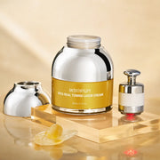 MEDITHERAPY Vita Real Toning Laser Cream jar and LED device on golden acrylic