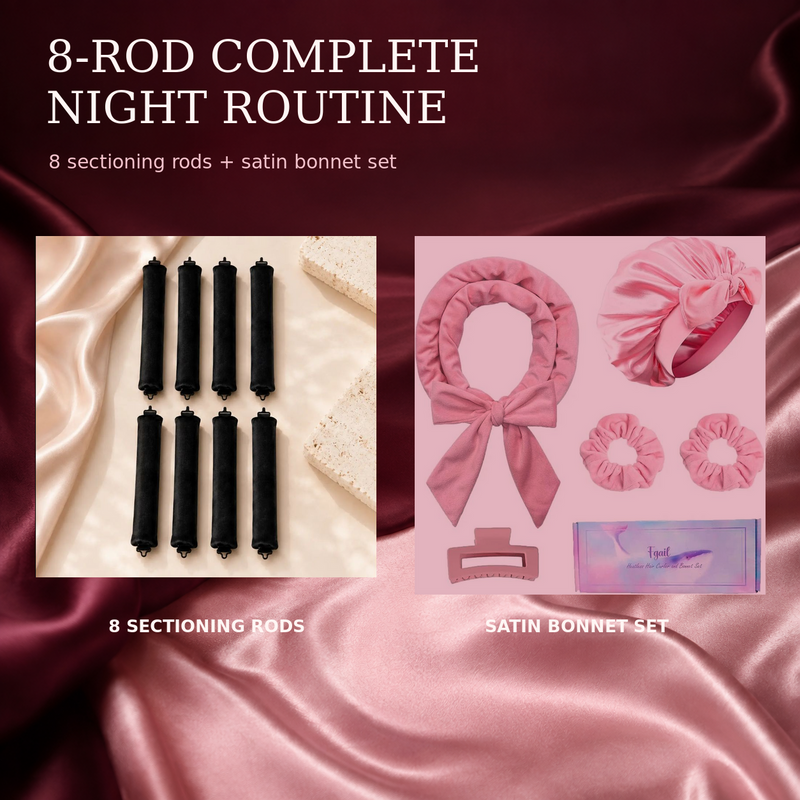 Eight black heatless curling rods with a pink satin bonnet, long curling headband, two scrunchies and claw clip