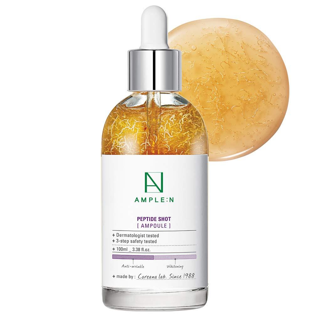 ProtoClinical k-beauty AMPLE:N Peptide Shot Ampoule 100ml pale yellow packaging on a pale blue and peach background.