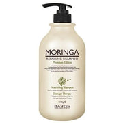 BARON MORINGA REPAIRING SHAMPOO 1000ML by ProtoClinical shown in a front-facing shampoo bottle packshot on a clean background, highlighting the product label for a k-beauty hair care routine.