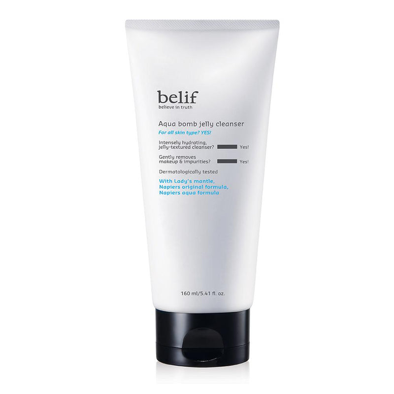 belif Aqua Bomb Jelly Cleanser 160ml by ProtoClinical shown in tall light blue cleanser packaging on a clean white background for a k-beauty skincare routine.