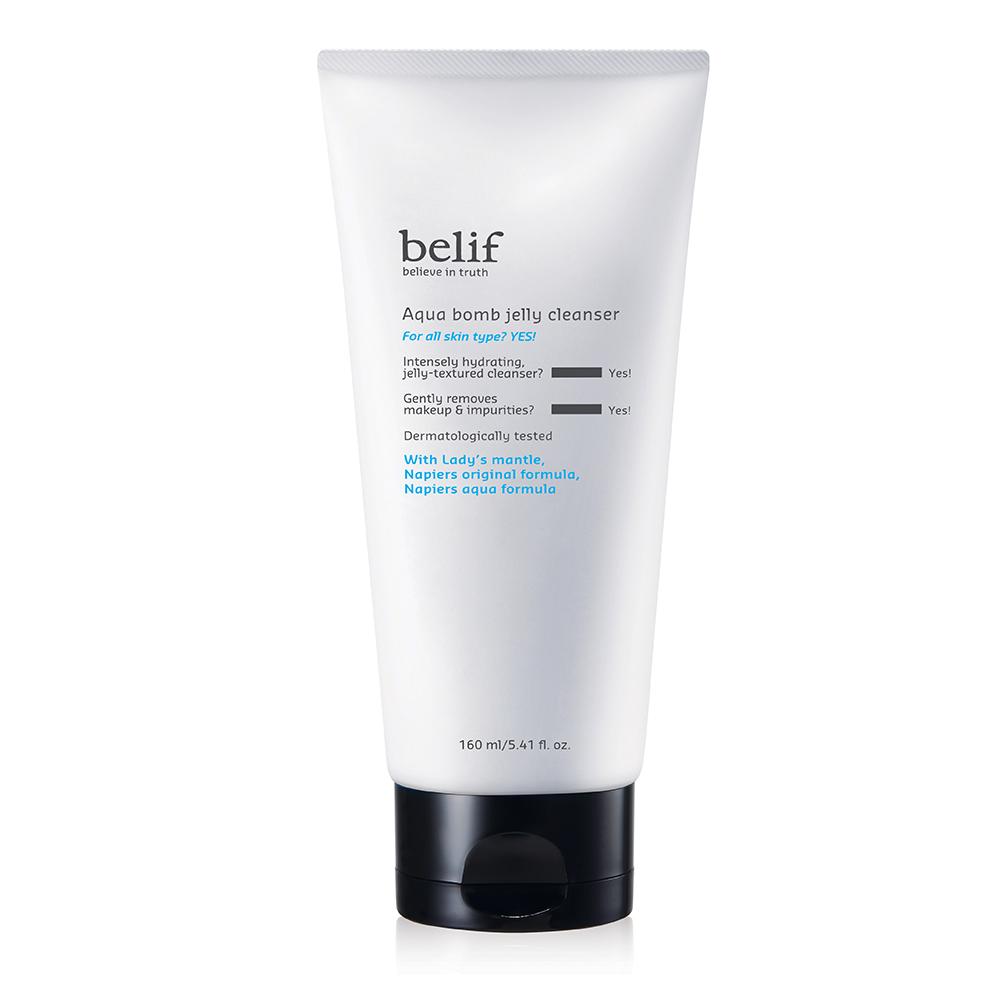 belif Aqua Bomb Jelly Cleanser 160ml by ProtoClinical shown in tall light blue cleanser packaging on a clean white background for a k-beauty skincare routine.
