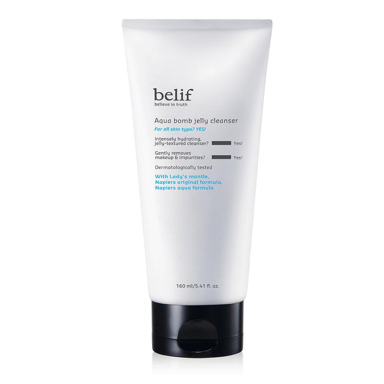 belif Aqua Bomb Jelly Cleanser 160ml by ProtoClinical shown in tall light blue cleanser packaging on a clean white background for a k-beauty skincare routine.