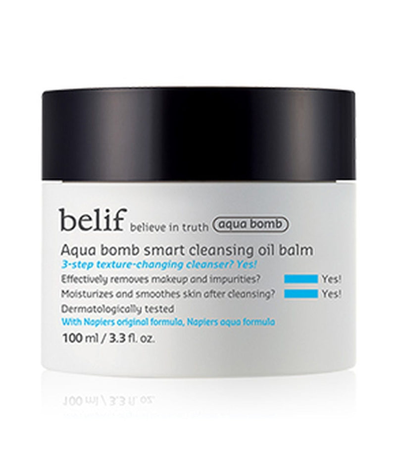 belif Aqua Bomb Smart Cleansing Oil Balm 100ml by ProtoClinical shown in a light cleansing balm jar with a dark lid on a clean white background for a k-beauty skincare routine.