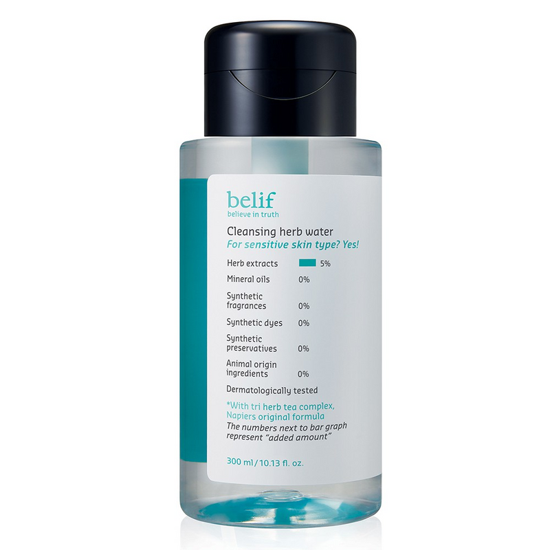 belif Cleansing Herb Water 300ml by ProtoClinical shown in a blue skincare bottle with a dark cap on a clean white background for a k-beauty skincare routine.