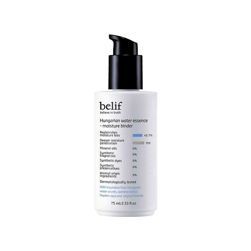 ProtoClinical k-beauty belif Hungarian Water Essence - Moisture Binder 75ml shown in clean product packaging on a light background.