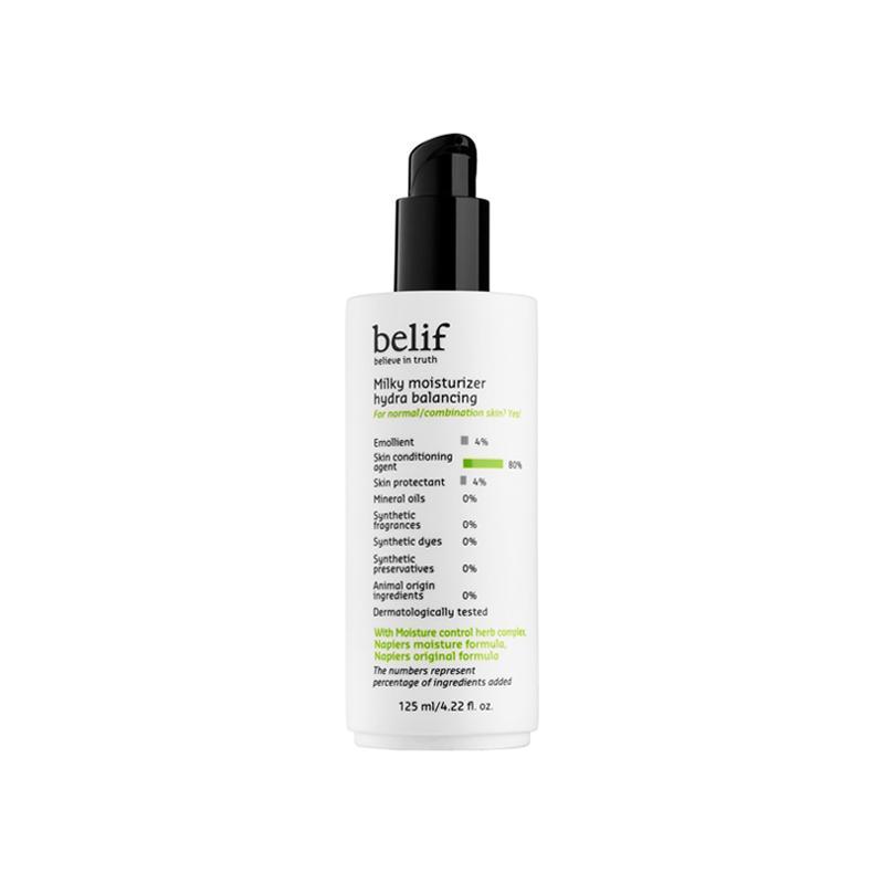 ProtoClinical k-beauty belif MILKY MOISTURIZER HYDRA BALANCING 125mL shown in clean product packaging on a light background.