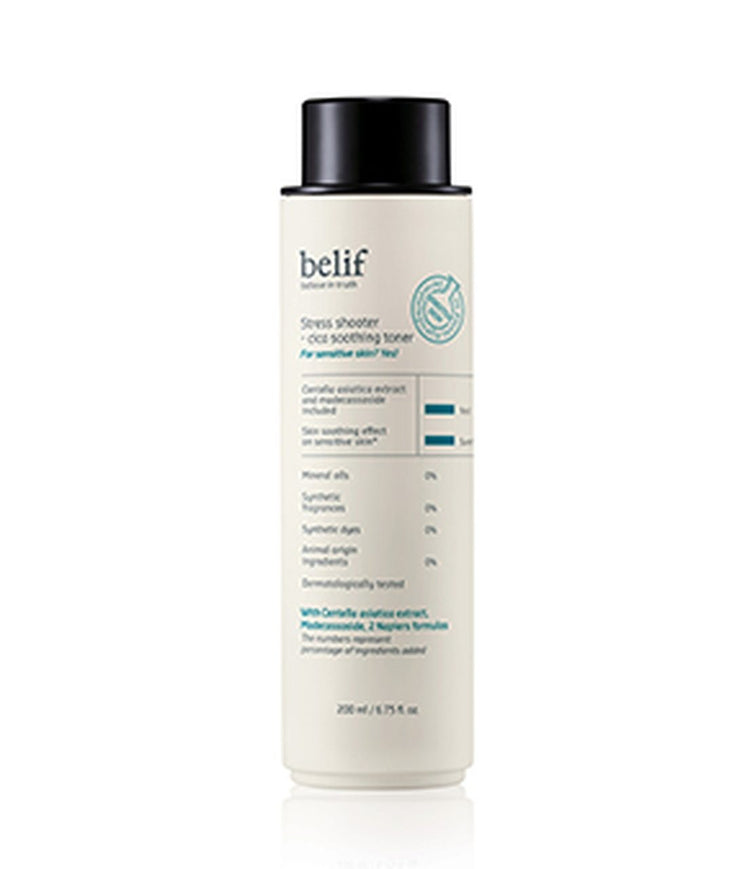 ProtoClinical k-beauty belif Stress Shooter-cica Sooting Toner 200ml shown as a beige toner bottle on a light background.