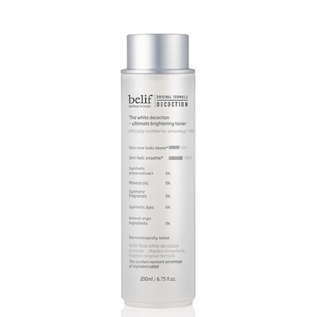 ProtoClinical k-beauty belif The White Decoction - Ultimate Brightening Toner 200ml shown as a slim beige toner bottle on a light background.