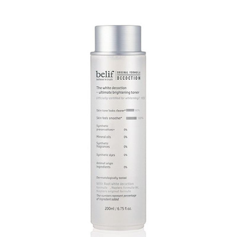 ProtoClinical k-beauty belif The White Decoction - Ultimate Brightening Toner 200ml shown as a slim beige toner bottle on a light background.
