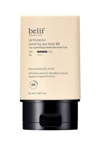 ProtoClinical k-beauty belif UV Protector Stand-by-you Basic BB (SPF50+/PA++++) 50ml slim beige package with soft brown accents on a light background