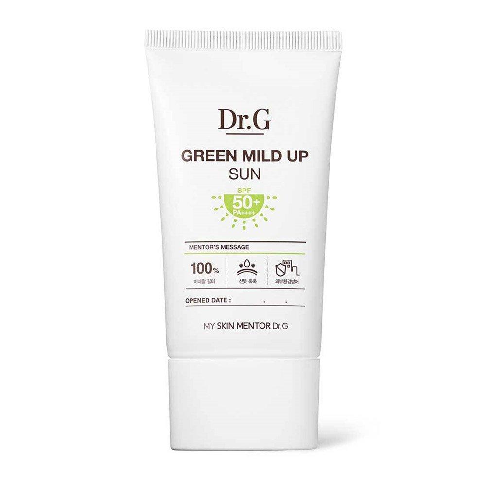 ProtoClinical k-beauty Dr.G Green Mild Up Sun Plus SPF50+/PA++++ 50ml matching pale green box with an upright sunscreen tube on a light background.