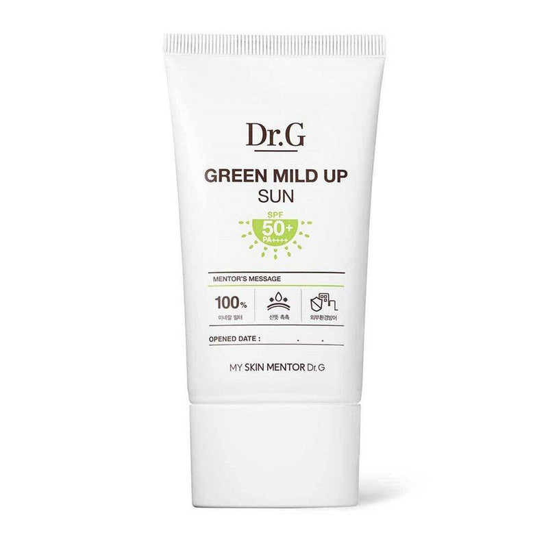 ProtoClinical k-beauty Dr.G Green Mild Up Sun Plus SPF50+/PA++++ 50ml matching pale green box with an upright sunscreen tube on a light background.