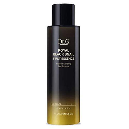 ProtoClinical k-beauty Dr.G Royal Black Snail First Essence 165ml in a tall black bottle with a black cap, gold gradient base, and front-facing packshot on a clean white background