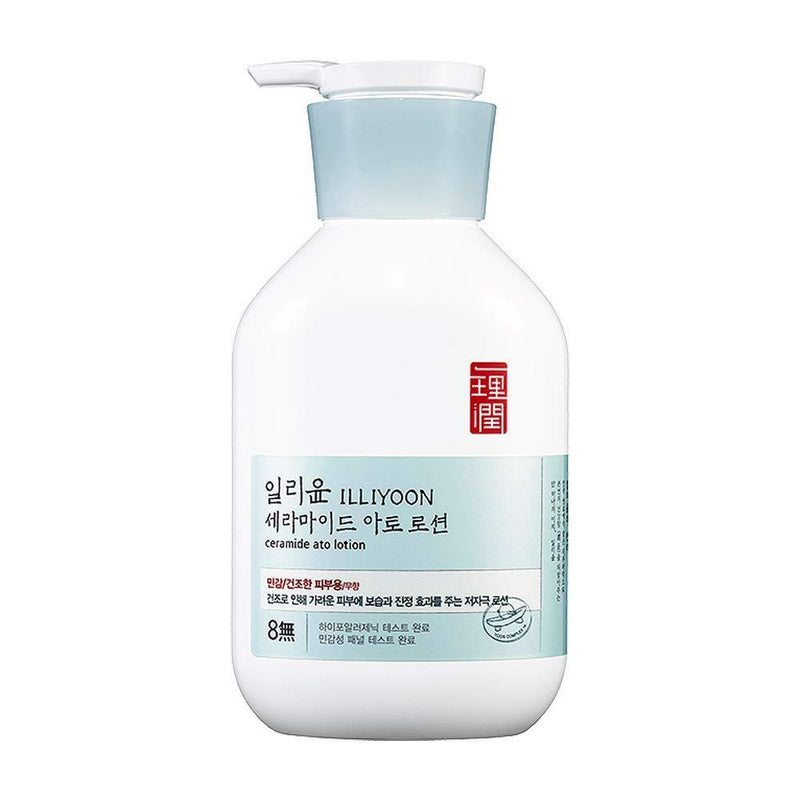 ProtoClinical k-beauty ILLIYOON Ceramide Ato Lotion 350ml single centered pale blue lotion bottle on a white background with soft blue side accents.