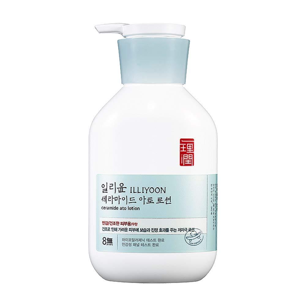 ProtoClinical k-beauty ILLIYOON Ceramide Ato Lotion 350ml single centered pale blue lotion bottle on a white background with soft blue side accents.