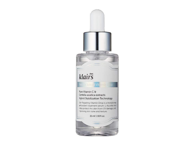 ProtoClinical k-beauty KLAIRS Freshly Juiced Vitamin Drop, 5% Hypoallergenic pure vitamin C serum, 35ml, 1.18oz | a potent skin rejuvenator shown as a single studio product shot on a white background.