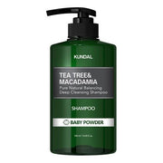 ProtoClinical k-beauty KUNDAL Tea Tree & Macadamia Deep Cleansing Shampoo Baby Powder 500ml single dark green shampoo bottle centered on a white background with pale pink side accents.