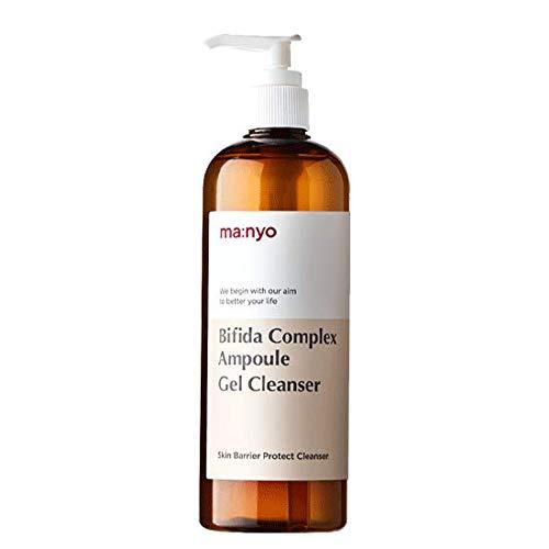 ProtoClinical k-beauty MANYO FACTORY Bifida Complex Ampoule Gel Cleanser 400ml single upright taupe cleanser bottle on a white background with pale blue side panels.