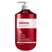 ProtoClinical k-beauty Paul Madison Signature Body Wash White Musk fragrance 1077mL single rose-pink pump bottle standing upright on a white background with pale aqua corner accents