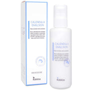 ProtoClinical k-beauty Rokkiss Calendula Emulsion 150ml abstract beauty graphic with a soft pale blue vertical center on a light background.