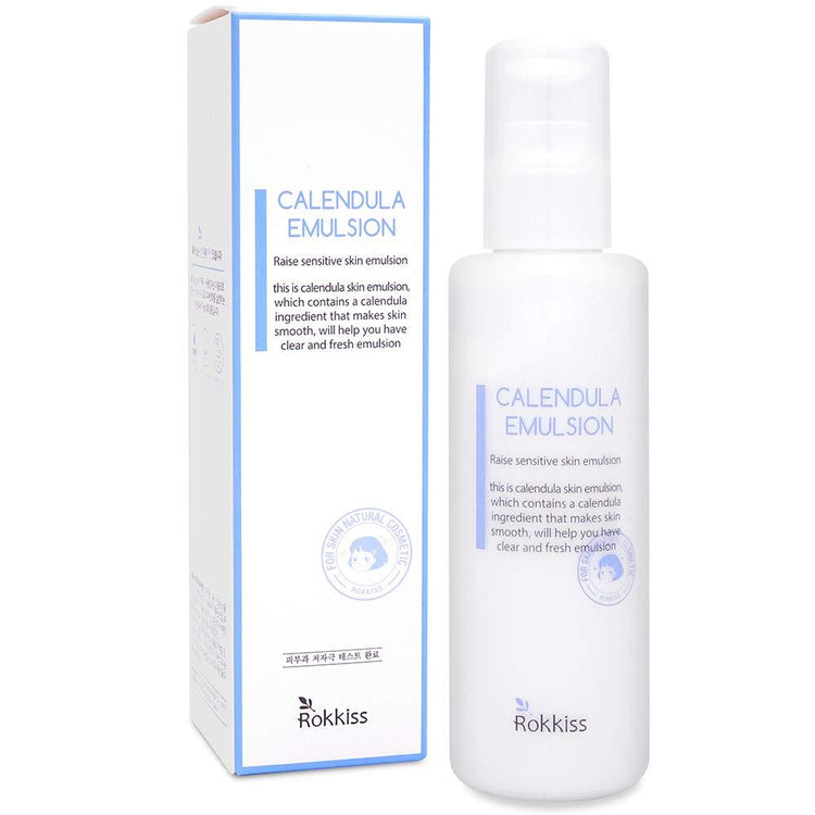 ProtoClinical k-beauty Rokkiss Calendula Emulsion 150ml abstract beauty graphic with a soft pale blue vertical center on a light background.