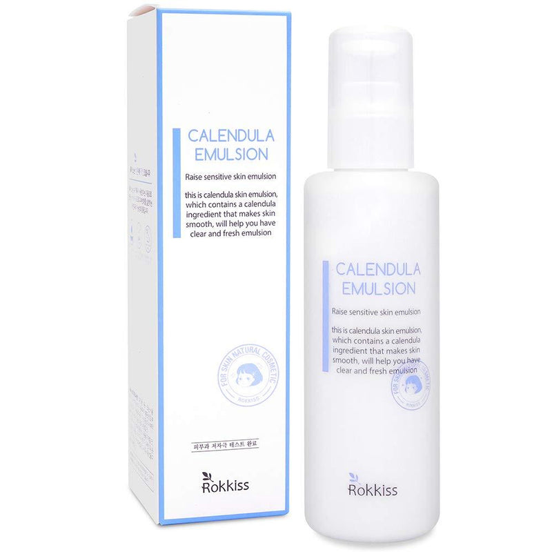 ProtoClinical k-beauty Rokkiss Calendula Emulsion 150ml abstract beauty graphic with a soft pale blue vertical center on a light background.