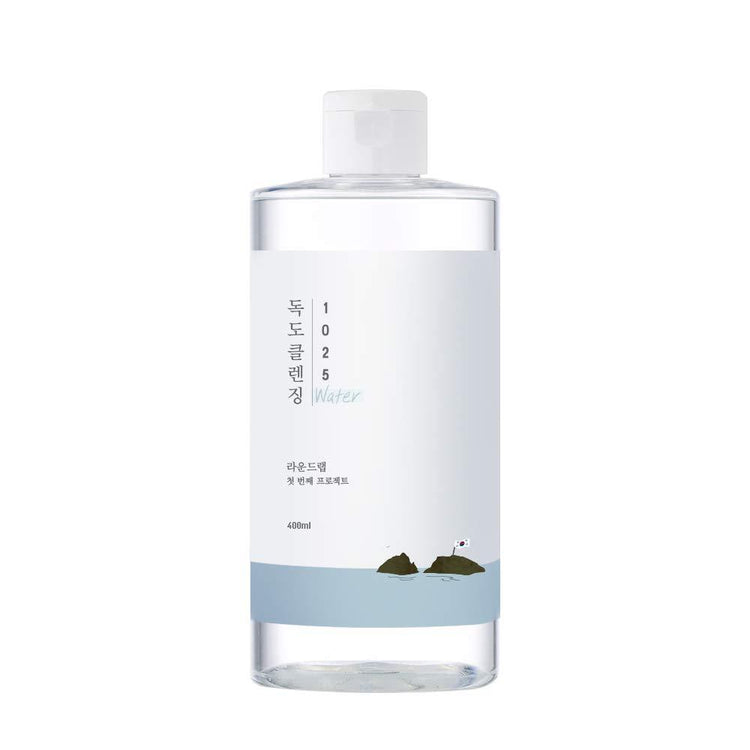 ProtoClinical k-beauty ROUND LAB 1025 Dokdo Cleansing Water 400mL single cleansing water bottle on a light background