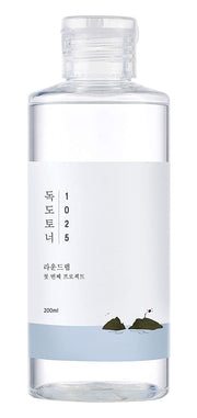 ProtoClinical k-beauty Round Lab 1025 Dokdo Toner 200ml abstract product graphic with an upright pale blue column, rounded gray blocks, and a white background