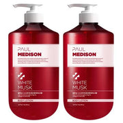 ProtoClinical k-beauty PAUL MEDISON Signature Large Capacity Perfume Body Lotion White Musk 1,077ml X 2ea two rose-pink lotion bottles side by side on a white background with pale aqua corner accents