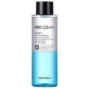 ProtoClinical k-beauty TONYMOLY Pro Clean Smoky Lip & Eye Remover 250ml single tall aqua remover bottle centered upright on a pale mint studio background