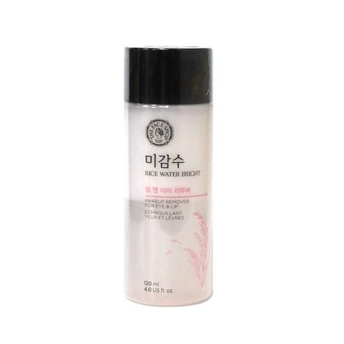 ProtoClinical k-beauty THE FACE SHOP Rice Water Bright Lip & Eye Remover 120ml single upright gray-toned remover bottle centered on a white studio background