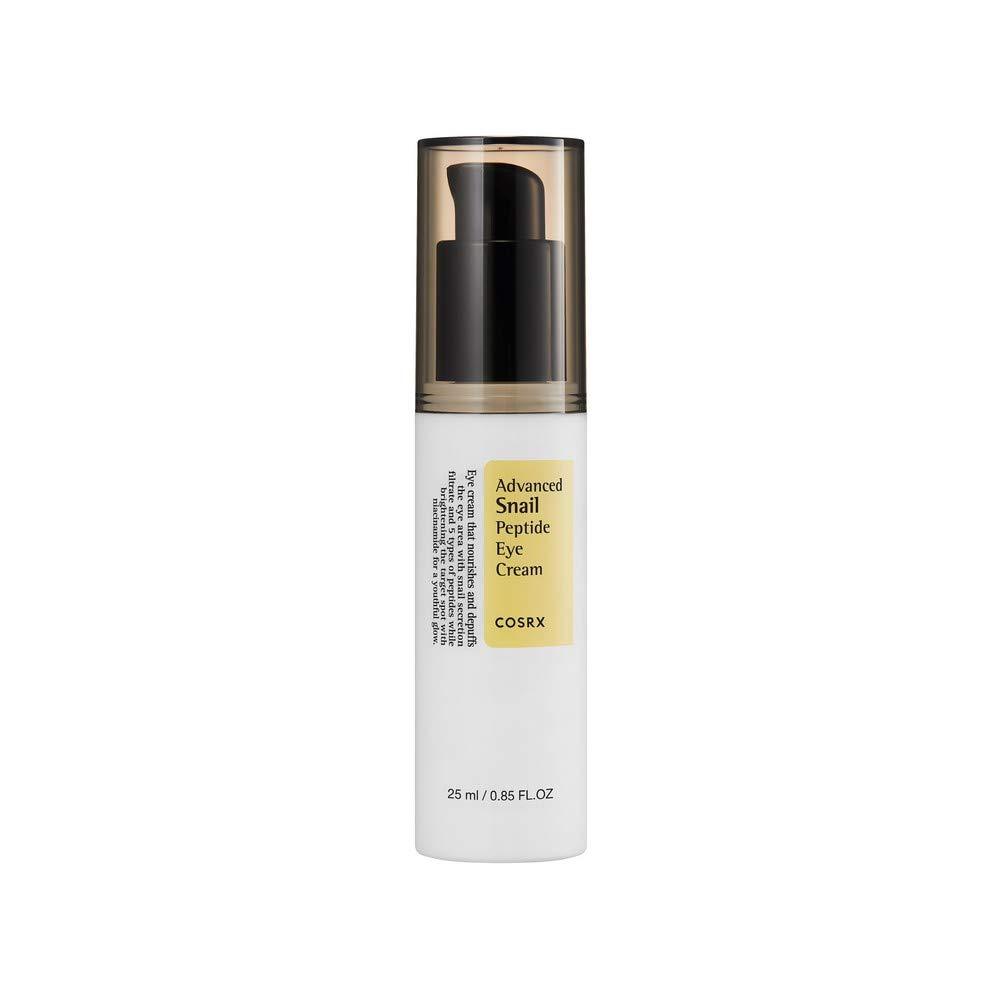 ProtoClinical k-beauty COSRX Advanced Snail Peptide Eye Cream 25ml in a slim upright cream tube with a dark cap centered on a white background
