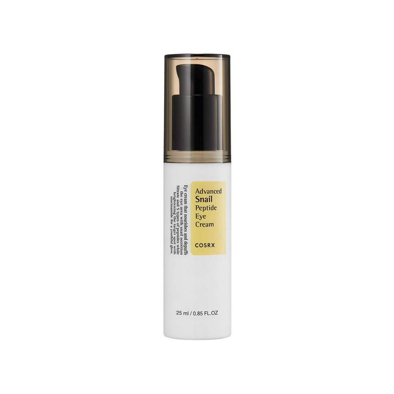 ProtoClinical k-beauty COSRX Advanced Snail Peptide Eye Cream 25ml in a slim upright cream tube with a dark cap centered on a white background