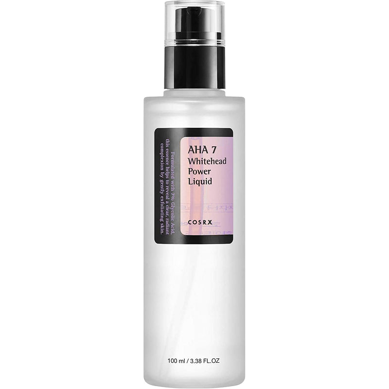 ProtoClinical k-beauty COSRX AHA 7 Whitehead Power Liquid 100ml in a slim upright bottle with a dark cap centered on a white background