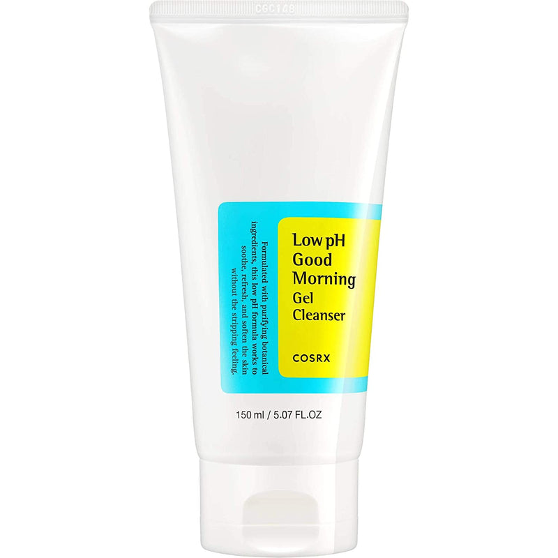 ProtoClinical k-beauty COSRX Low pH Good Morning Gel Cleanser 150ml single upright pale green cleanser tube centered on a light background with soft pink side shading.