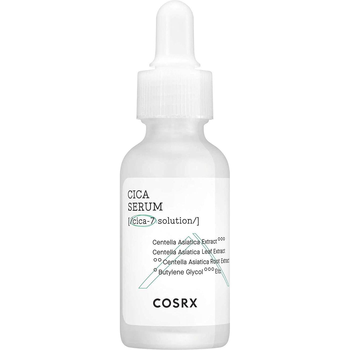 ProtoClinical k-beauty COSRX Pure Fit Cica Serum 30ml single upright serum bottle centered on a white background