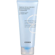 ProtoClinical k-beauty COSRX Triple Hyaluronic Moisturizing Cleanser 150ml single upright pale blue cleanser tube centered on a light background with soft yellow side shading.