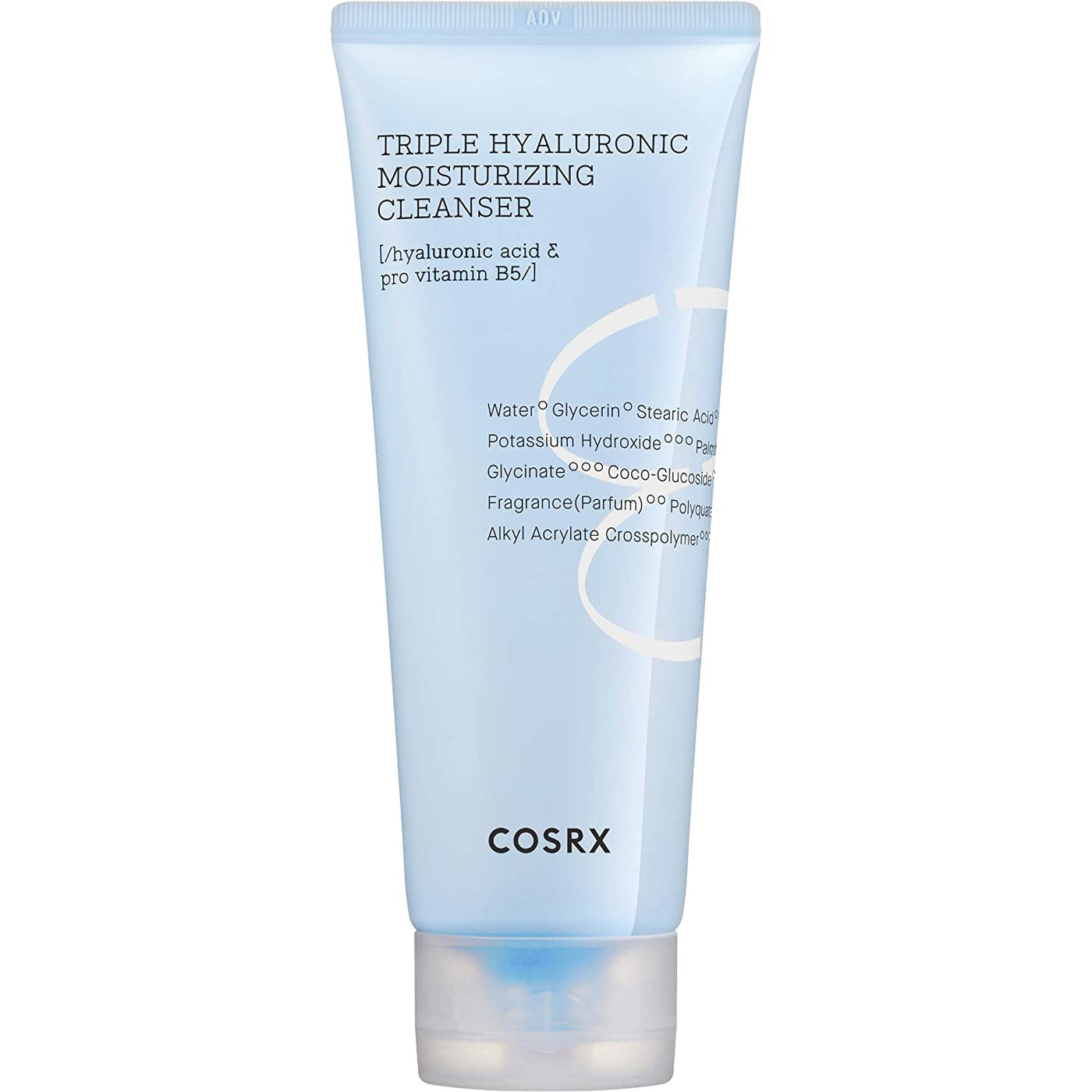ProtoClinical k-beauty COSRX Triple Hyaluronic Moisturizing Cleanser 150ml single upright pale blue cleanser tube centered on a light background with soft yellow side shading.
