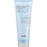 ProtoClinical k-beauty COSRX Triple Hyaluronic Moisturizing Cleanser 150ml single upright pale blue cleanser tube centered on a light background with soft yellow side shading.