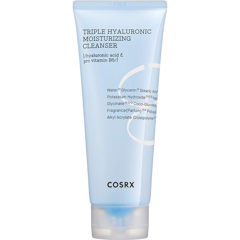 ProtoClinical k-beauty COSRX Triple Hyaluronic Moisturizing Cleanser 150ml single upright pale blue cleanser tube centered on a light background with soft yellow side shading.